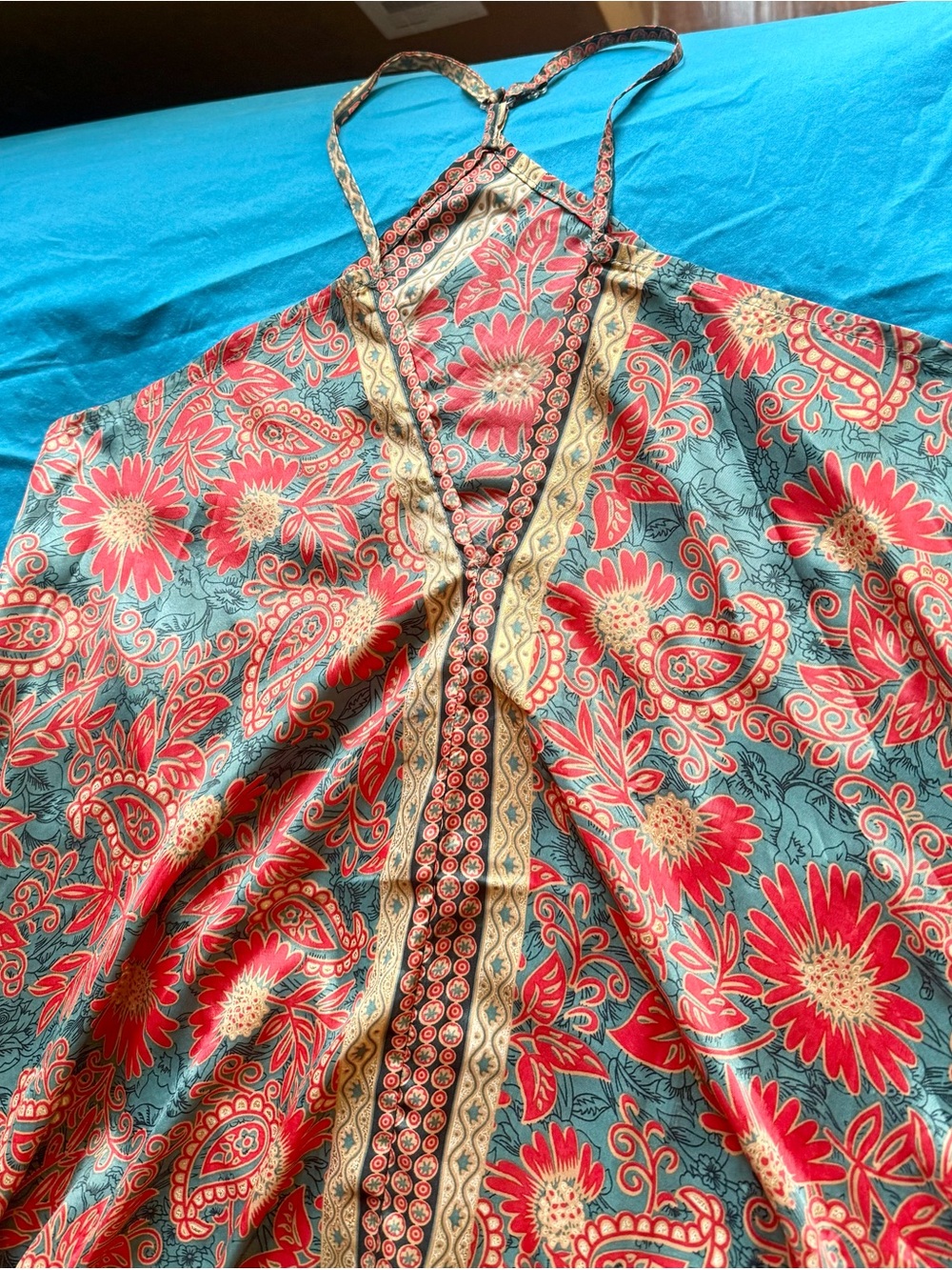 Nano Red Floral Paisley Camisole with Teal and Gold Trim